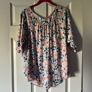 LOFT Outlet Blue and Pink Floral Mixed Media Tee - L